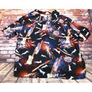 George Mens All Over Fireworks Cat Button-Up Shirt 3XL 100% Rayon Patriotic Prin
